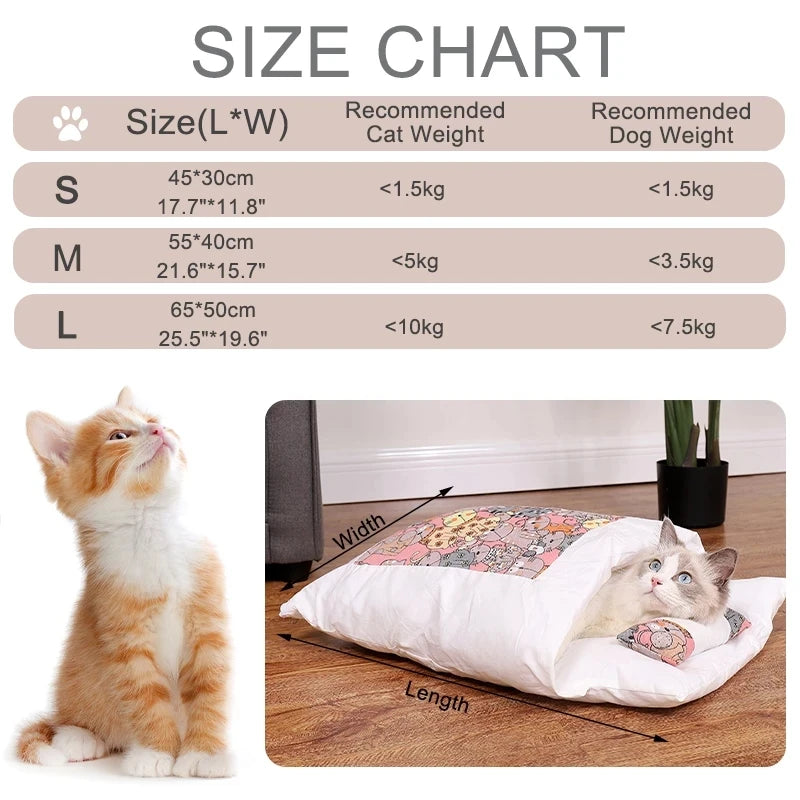 Cat Bed Warm Cat Sleeping Bag With Pillow Cushion Japanese Kitten Nest Removable House Bed for Cats Small Dogs Pet Accessories