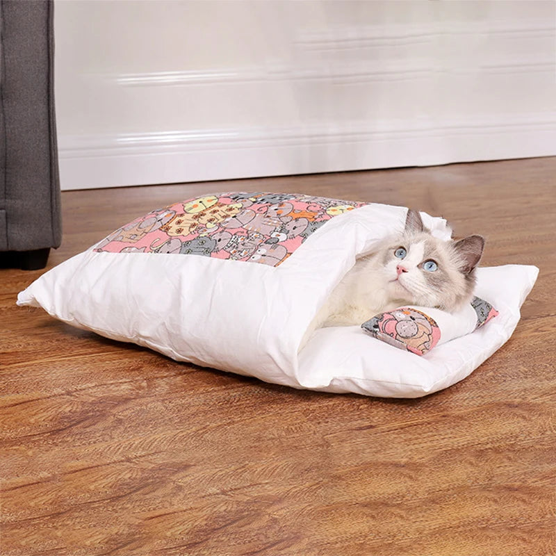 Cat Bed Warm Cat Sleeping Bag With Pillow Cushion Japanese Kitten Nest Removable House Bed for Cats Small Dogs Pet Accessories