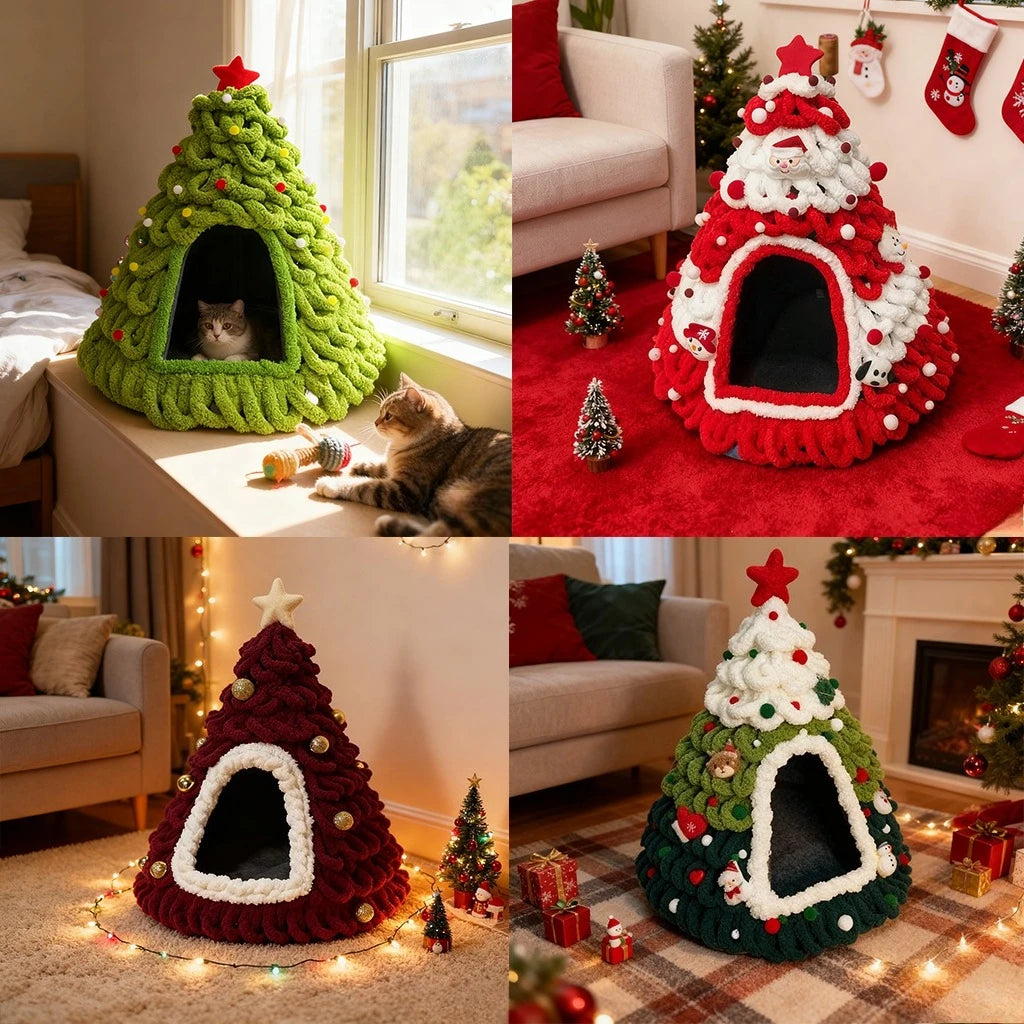 Winter Christmas Tree Cat Nest Handmade /Finished Cat Bed /Winter Warmth Semi Enclosed Dog Nest Felt Cone Pet House 크리스마스 고양이 굴