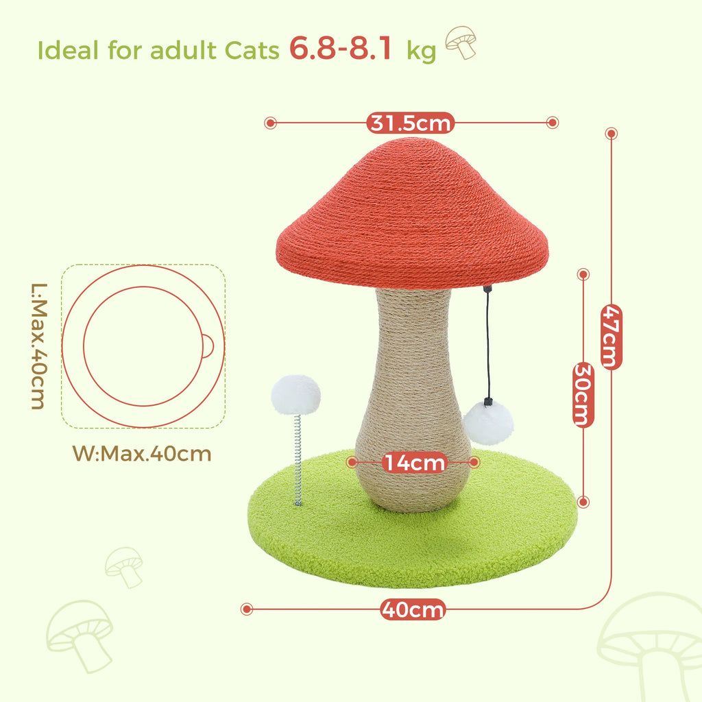 Mushroom Cat Scratching Post, Cat Scratcher Cute with 100% Sisal Covered Scratching Post & Pompoms Cat Toy, Mushroom Cat Post