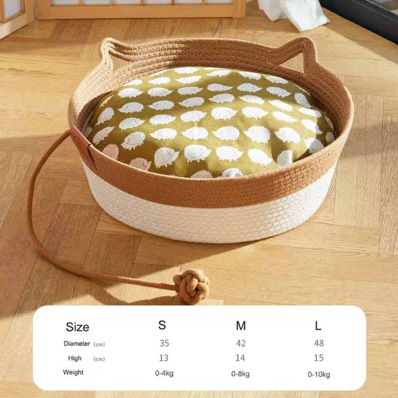 OUZEY All-season Woven Rattan Cat Bed Summer Cooling Kitten Basket With Interactive Toys Cat Scratching Baskets Pet Supplies