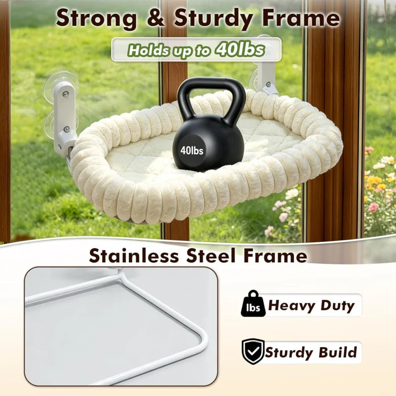 Cat Window Perch Hammock with 4 Strong Suction Cups, Metal Frame & Soft Cushion, Indoor Window Cat Bed for Large Cats