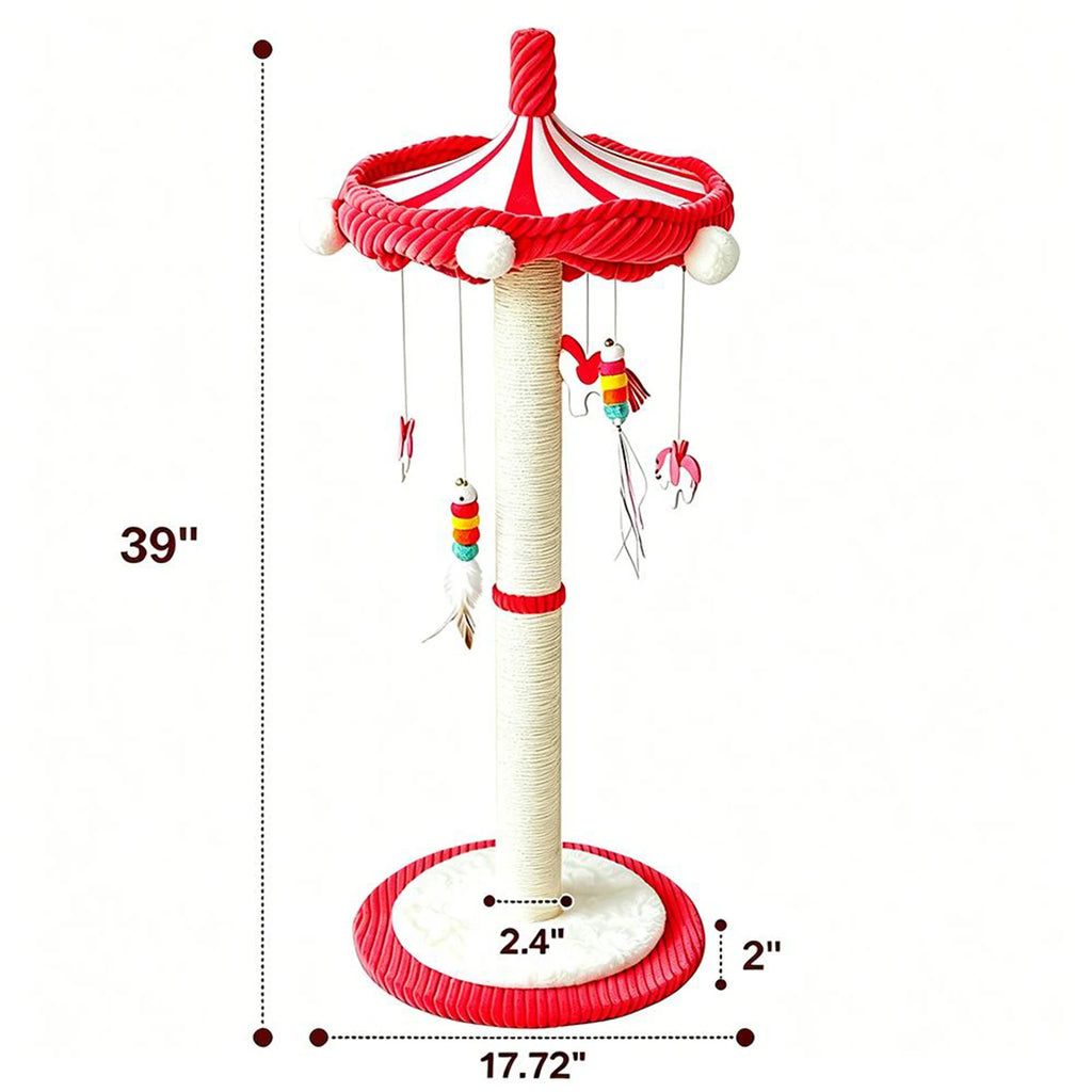 39“ Tall Carousel Cat Scratching Post with Hanging Toys Cat Tree Tower with Rotating Top 17.7" Stable Base Interactive Toys For Indoor Kittens and Adult Cats Climbing