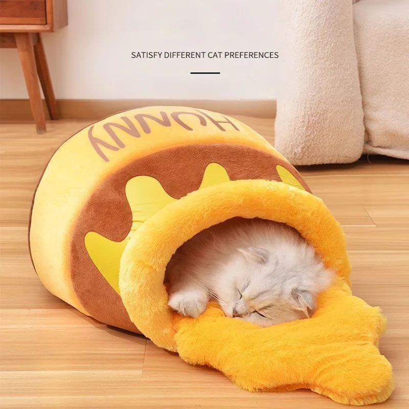Honey Pot Cat Cave Bed, Soft Rebound Sponge Pet Nest with Removable & Washable Cushion, Cute Cartoon Design for Small Cats Pets