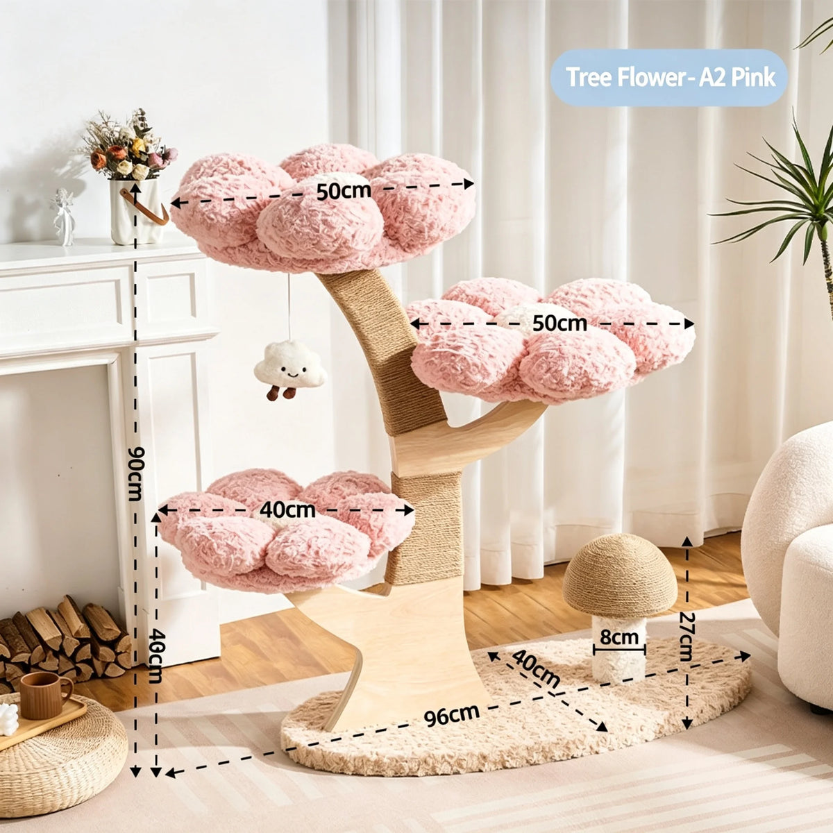 105cm Tall Pink Flower Cat Tree Tower with Scratching Post Wood Branch Cat Cushioned Bed Hanging Ball Toy Cat Scratching Post