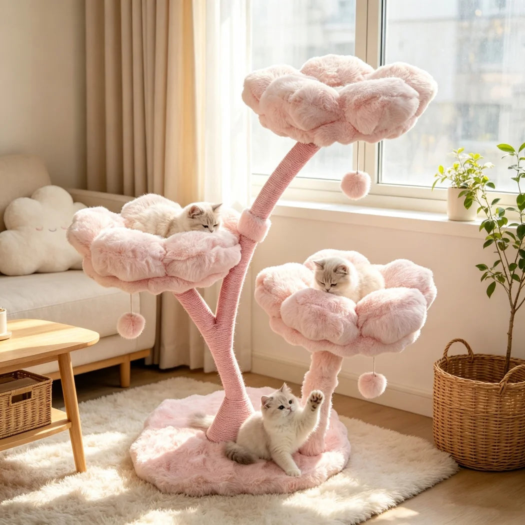 105cm Tall Pink Flower Cat Tree Tower with Scratching Post Wood Branch Cat Cushioned Bed Hanging Ball Toy Cat Scratching Post