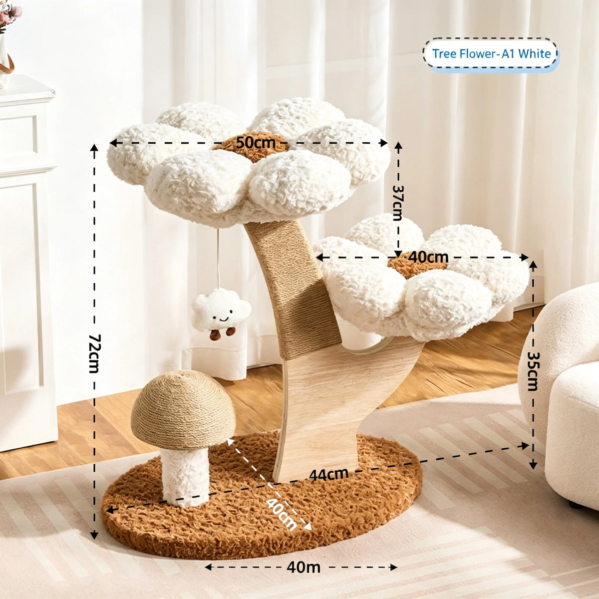 105cm Tall Pink Flower Cat Tree Tower with Scratching Post Wood Branch Cat Cushioned Bed Hanging Ball Toy Cat Scratching Post