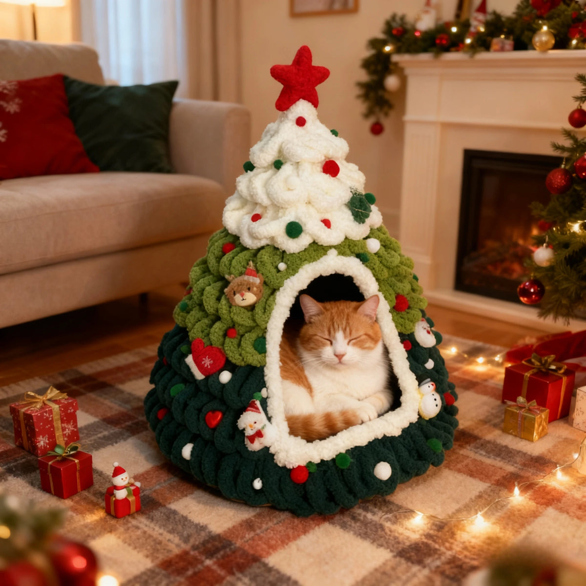 Winter Christmas Tree Cat Nest Handmade /Finished Cat Bed /Winter Warmth Semi Enclosed Dog Nest Felt Cone Pet House 크리스마스 고양이 굴