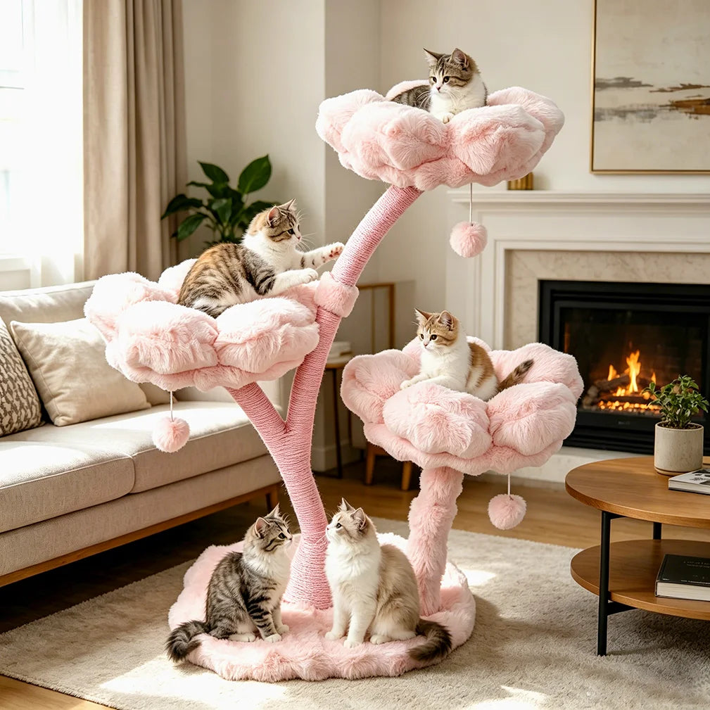 105cm Tall Pink Flower Cat Tree Tower with Scratching Post Wood Branch Cat Cushioned Bed Hanging Ball Toy Cat Scratching Post