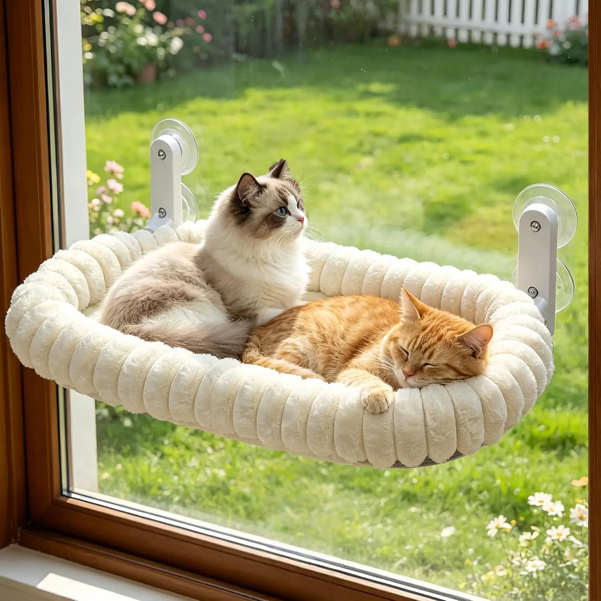 Cat Window Perch Hammock with 4 Strong Suction Cups, Metal Frame & Soft Cushion, Indoor Window Cat Bed for Large Cats