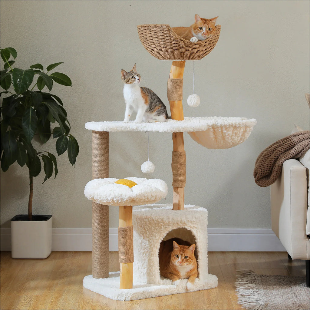 Modern Cat Tree for Indoor Cats Solid Wood Cat Tower with Luxury Cat Condo Cozy Hammock Scratching Post Flower Cat Bed Cat Toys