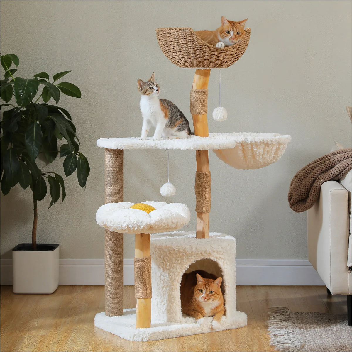 Modern Cat Tree for Indoor Cats Solid Wood Cat Tower with Luxury Cat Condo Cozy Hammock Scratching Post Flower Cat Bed Cat Toys