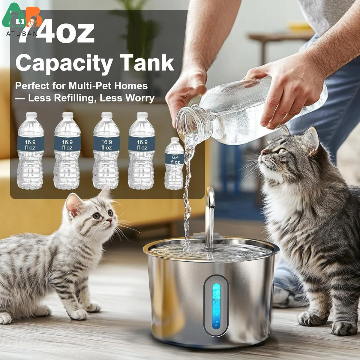 ATUBAN Cat Water Fountain ,74oz/2.2L Cat Fountain for Drinking - Pet Water Fountain Stainless Steel Quiet Water Bowl Dispenser