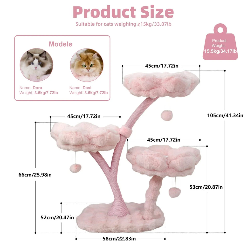 105cm Tall Pink Flower Cat Tree Tower with Scratching Post Wood Branch Cat Cushioned Bed Hanging Ball Toy Cat Scratching Post