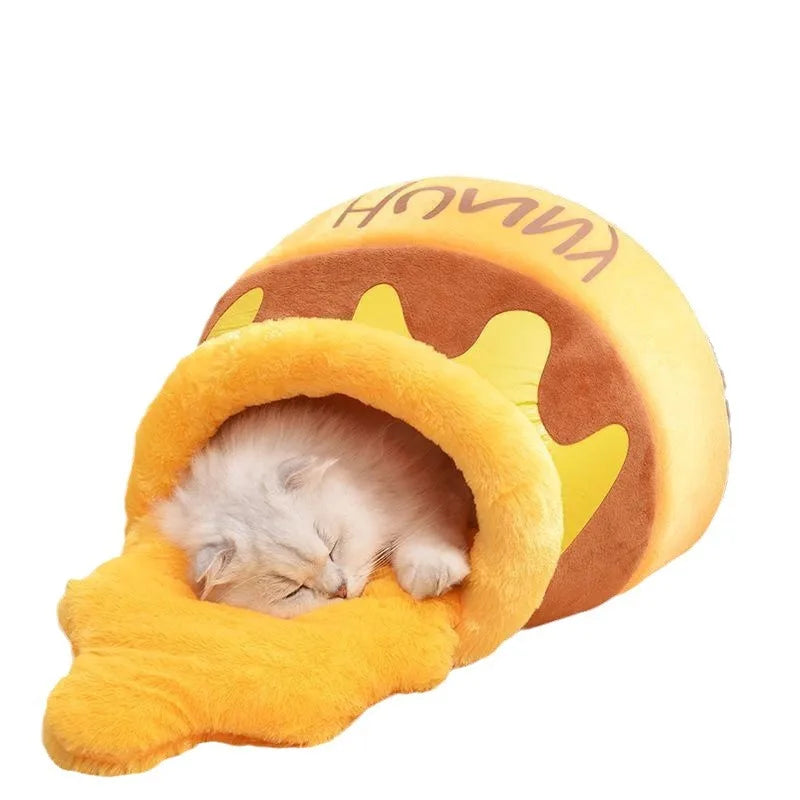 Honey Pot Cat Cave Bed, Soft Rebound Sponge Pet Nest with Removable & Washable Cushion, Cute Cartoon Design for Small Cats Pets
