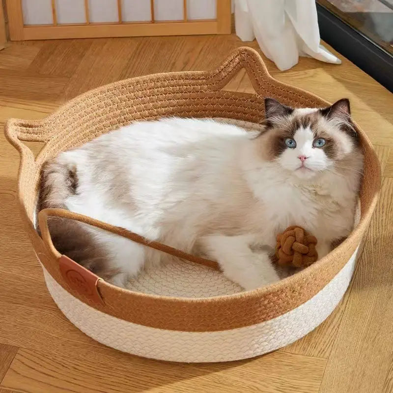 OUZEY All-season Woven Rattan Cat Bed Summer Cooling Kitten Basket With Interactive Toys Cat Scratching Baskets Pet Supplies