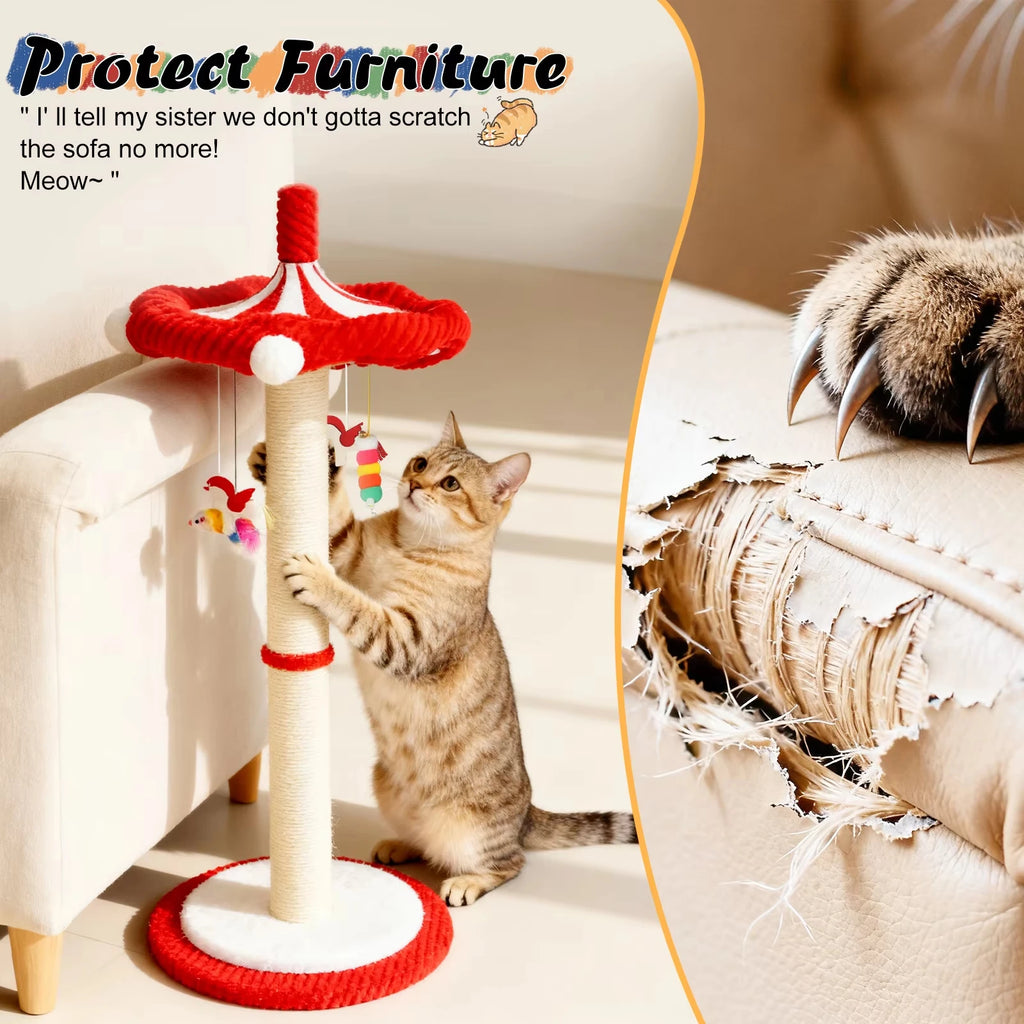 39“ Tall Carousel Cat Scratching Post with Hanging Toys Cat Tree Tower with Rotating Top 17.7" Stable Base Interactive Toys For Indoor Kittens and Adult Cats Climbing